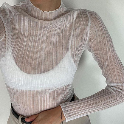 Women's Spring Clothing Long Sleeve Mesh See-through T-shirt Women's Solid Color Turtleneck Slim Top