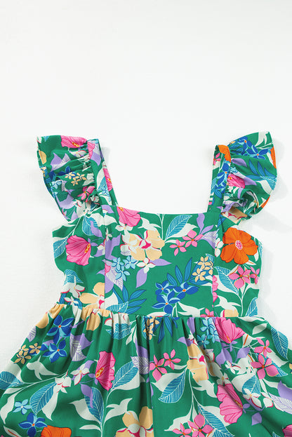 Robe longue à volants et à volants sans manches à imprimé floral vert